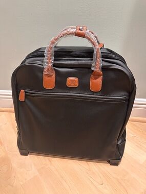 Bric's Pilot Case Black Tan Faux Leather Laptop Trolley 2 Wheels Travel Bag